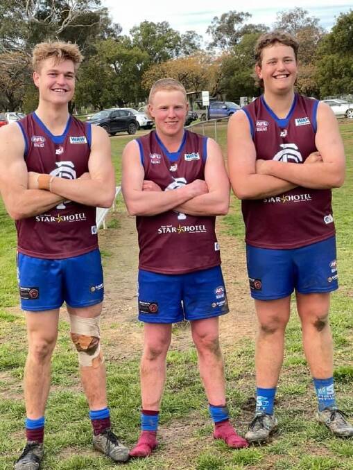 KNOBEL EFFORT: Riley Knobel with cousin Kyle and younger brother Lachie who both made their senior debuts for Culcairn on the weekend.