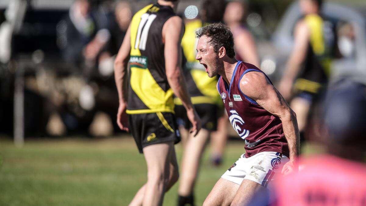 ON THE MOVE: Culcairn midfielder Dane Hallinan celebrates a clutch goal against Osborne in last year's preliminary final which the Tigers won by 18-points.