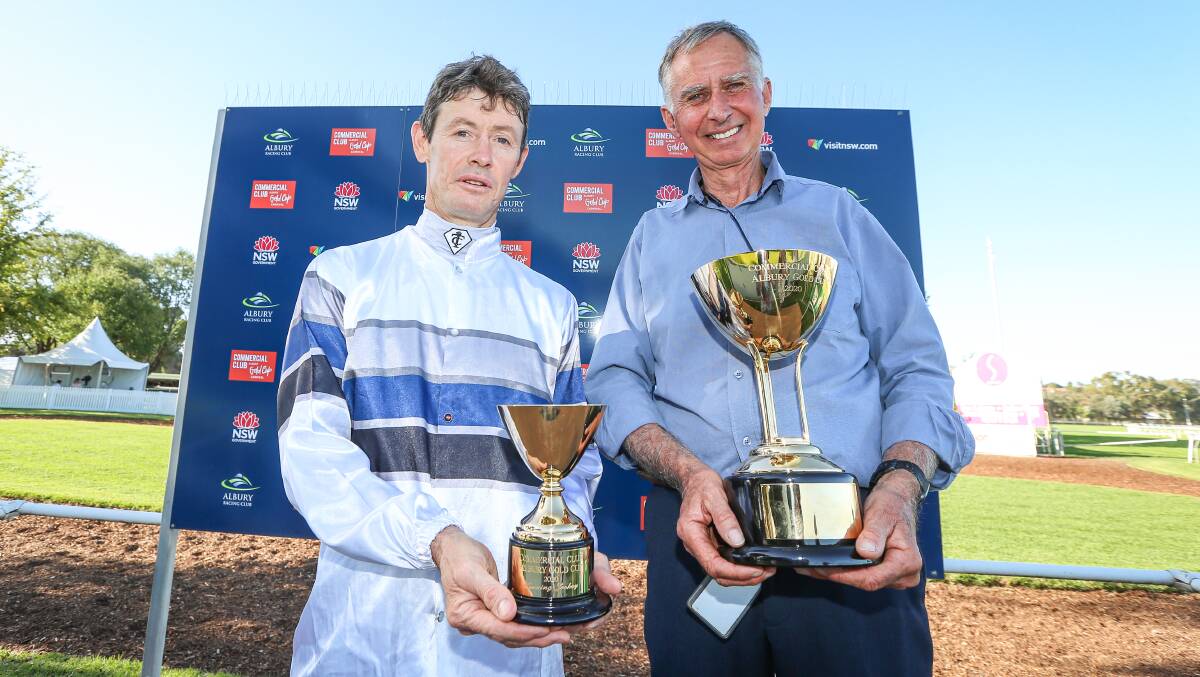 GOLDEN MOMENT: Jockey Mathew Cahill and trainer Ron Stubbs combined to win the Albury Cup last year with Spunlago. They trio our out to defend their crown again today with Spunlago quoted as a 100/1 chance.