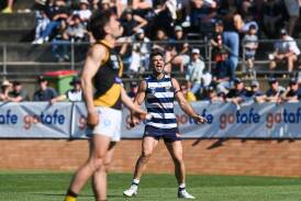 Yarrawonga's Dylan Conway celebrates one of his two goals against Albury in the grand final. Picture by Mark Jesser