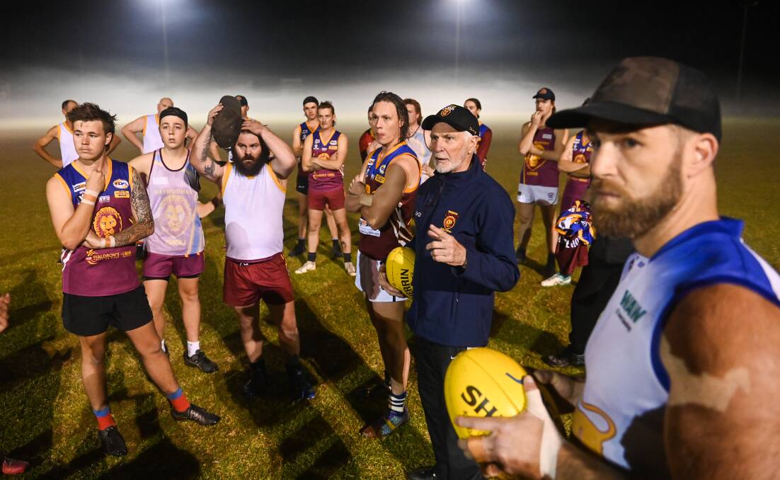 LISTEN UP: Mick Malthouse took training at Wahgunyah on Thursday night with 30 players hanging on his every word. Pictures: MARK JESSER