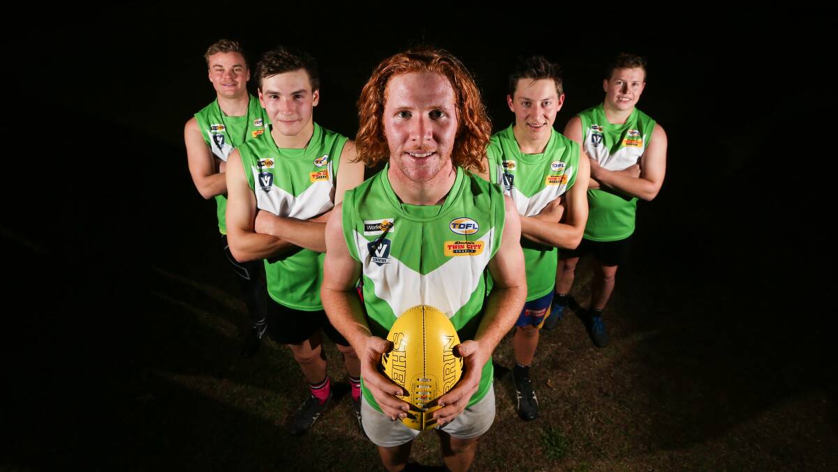 GOING GREEN: Patrick Stow, Charlie Ryder, Liam Hood, Jacob Ozolins and Jaydn Chalmers show off DMB's special guernsey. Picture: KYLIE ESLER