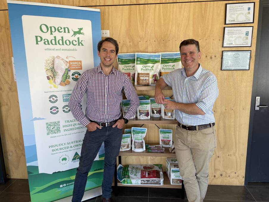 CASH BOOST: Staughton Group managing director Edward Staughton and Member for Albury Justin Clancy after a grant announcement for the Howlong pet food company. 