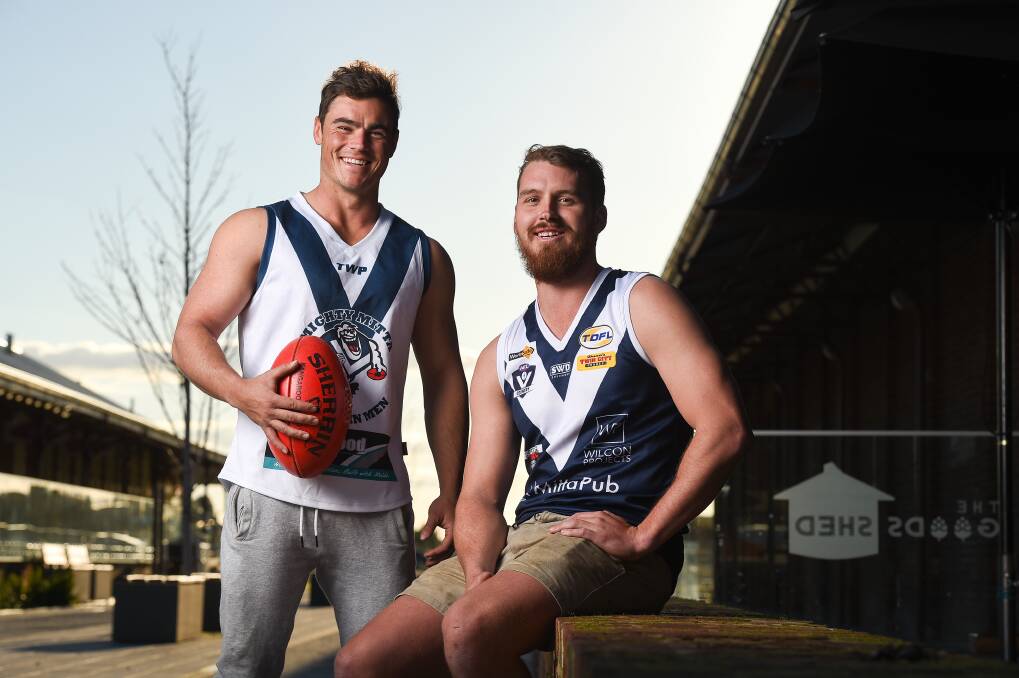 ON THE LINE: Mitta United's Jack Gilbee and Josh Lieschke aren't showing signs of nerves ahead of the clash with Rutherglen. Picture: MARK JESSER