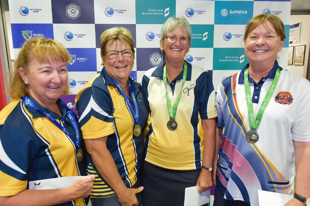 FINALISTS: Claire Sanders, Anne Miles, Laureen Smith and Vicki Smith following the Victorian Open women's pairs final. Picture: BOWLS VICTORIA
