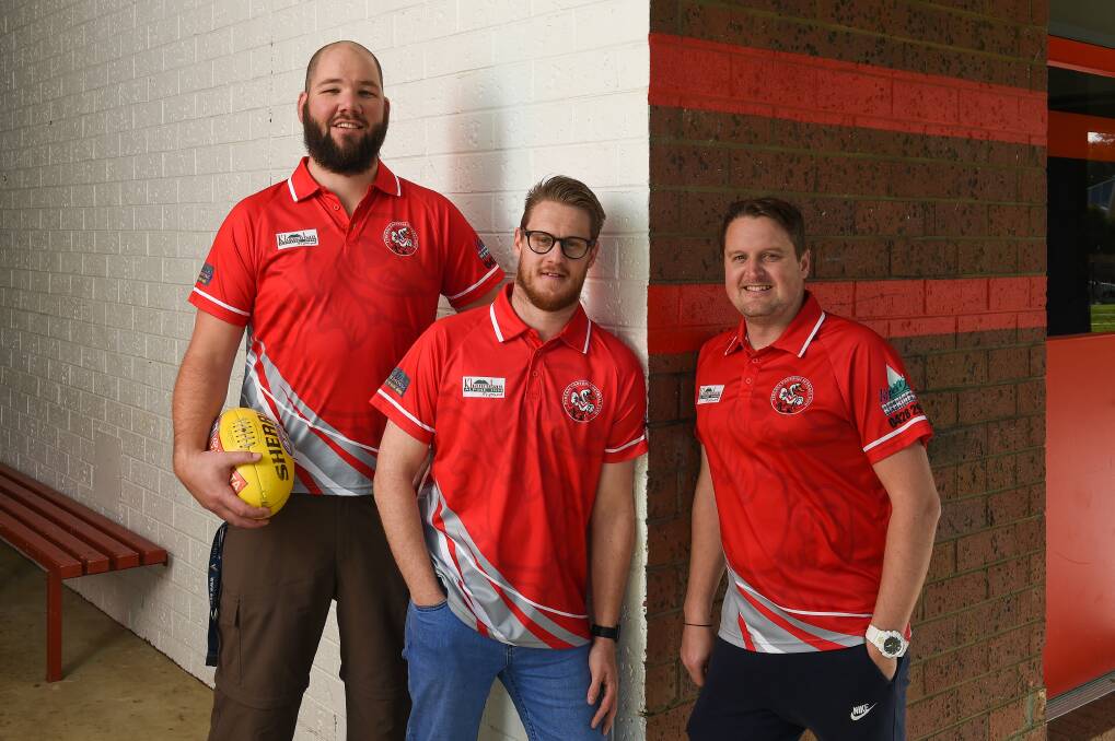 TODAY'S LESSON: Federal teammates Jordan Wakeling, Ben Jones and Brad Vallance all teach at Wodonga Middle Years College. They face Bullioh on Saturday for a place in the Upper Murray decider. Picture: MARK JESSER