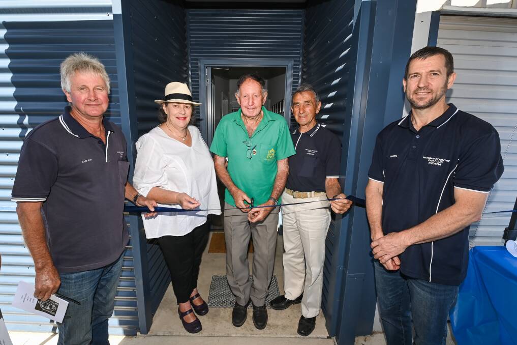 NEXT CHAPTER: Andrew Pargeter, Greater Hume councillor Heather Wilton, Tom Oram, Herb Simpfendorfer and Daren Oram were on hand to officially open the new clubroom for Morgan Country Car Club on Saturday.