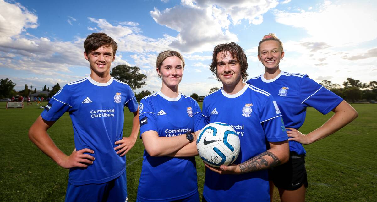 CUP FEVER HITS: Albury City's Connor Schmidt, Tayla Bownds, Leo Newman and Bree Sredojevic ahead of the club's annual Andronicos and Iannotta Cup pre-season competitions at Jelbart Park on Sunday. Picture: JAMES WILTSHIRE
