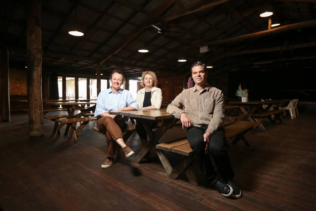 Kinross Woolshed owner Adrienne Griffiths (middle), with Techne's Dana Hutchins and Rhys Pollock, are excited to transform the Thurgoona venue. Picture by James Wiltshire
