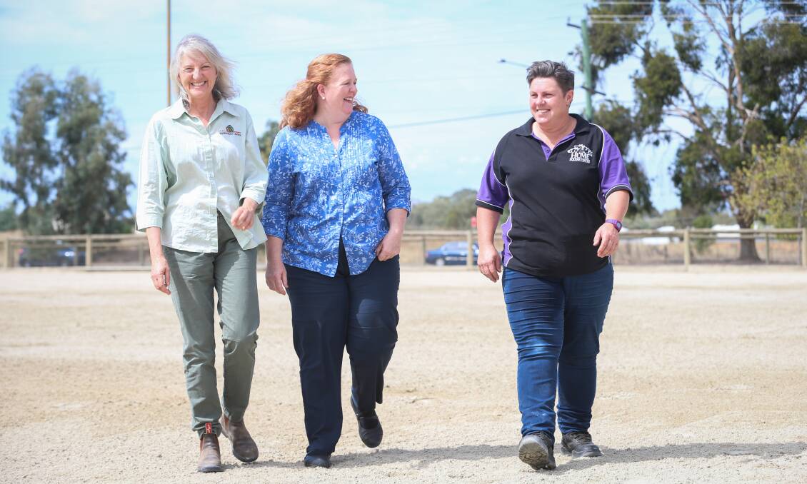 WAITING GAME: Barb Chenoweth, Donna Michael and Elissa Koch are looking forward to events returning to Albury-Wodonga Equestrian Centre. 