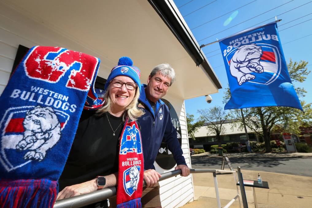 BULLDOG BITE: Corowa's Bernie Rogers, with husband Ian, will be cheering Taylor Duryea in the AFL grand final on Saturday night. Picture: JAMES WILTSHIRE