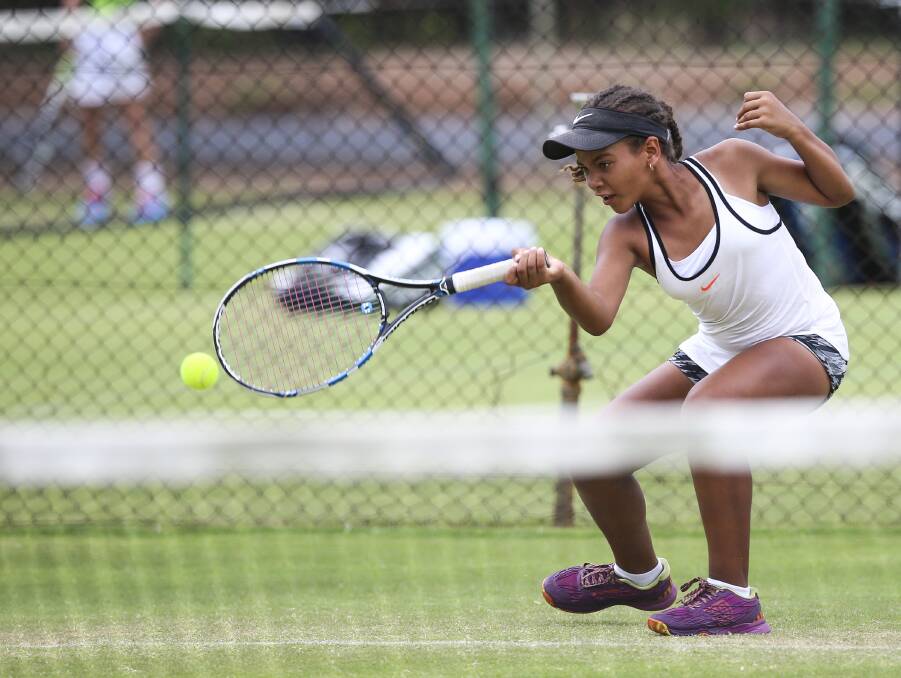 DOWN LOW: Sarah Rokusek bends the knees during an intense rally in her semi-final against Andrea Kristo at the Victorian Junior Grasscourt Championships.