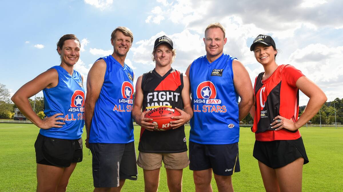 GAME ON: Bec O’Connell, Peter Dean, Max Grintell, Matt Fowler and Lucy Hunter ahead of Saturday's Fight MND football and netball matches. Picture: MARK JESSER