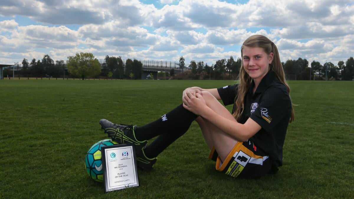 YEAR TO REMEMBER: Albury's Ashleigh Carty won the under-13s NPL Women's Player of the Year in her first season with Wagga City Wanderers. Picture: TARA TREWHELLA