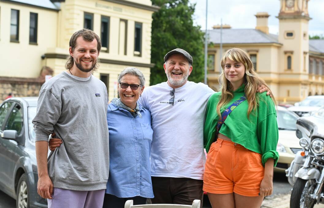 WAIT IS OVER: Jethro Curtin (left) and parter Eily Schulz (far right) got back to Beechworth from Melbourne to see parents Lesley Milne and Michael Curtin on Saturday. Several families reunited in the North East after Melbourne's COVID-19 rules were eased. Picture: MARK JESSER