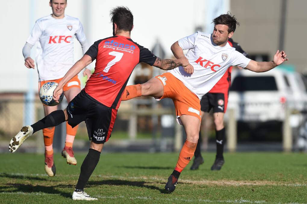 SUPERB: Former Cobram Roar coach Adam Gatcum stunned Murray United with a brilliant goal for the Goulburn Valley Suns late in the derby on Saturday. Picture: MARK JESSER