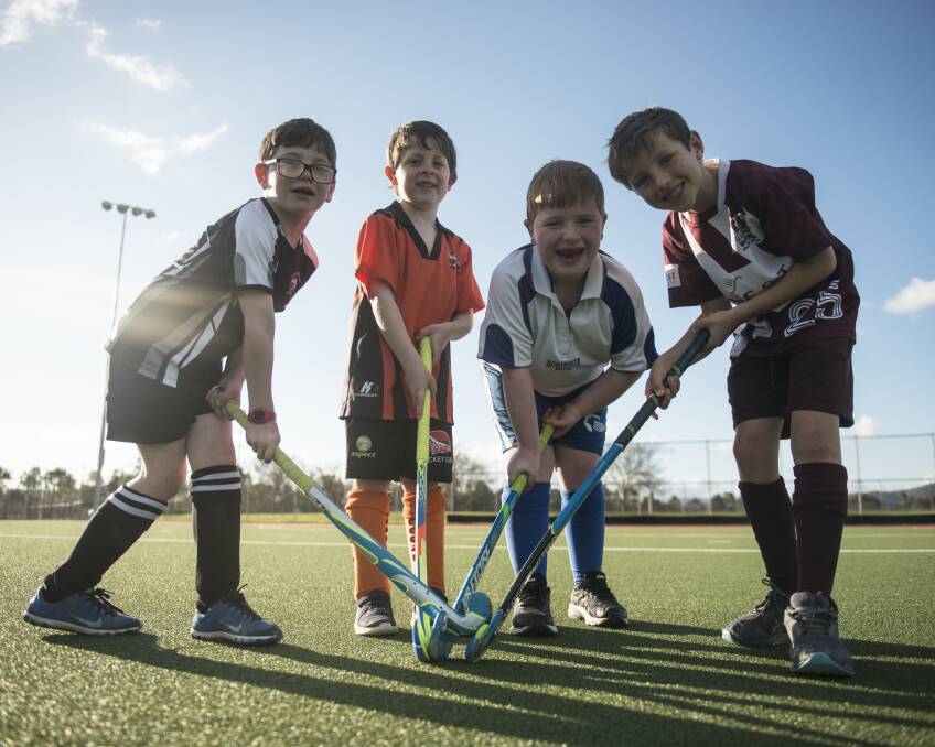 GAME ON: Hockey Albury-Wodonga under-10s Jacob Lindley (Magpies), George Beanland (Falcons), Peter Gilder (Norths) and Henry Scheetz (Wodonga) are excited to be playing this weekend. Picture: NARELLE HAMILTON
