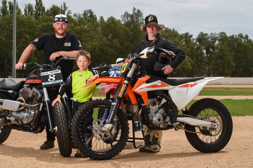 LET'S RACE: Will Smart, Cooper Antone and Remmie Fyffe ahead of the opening round of Albury-Wodonga Motorcycle Club's track series this weekend. Picture: MARK JESSER