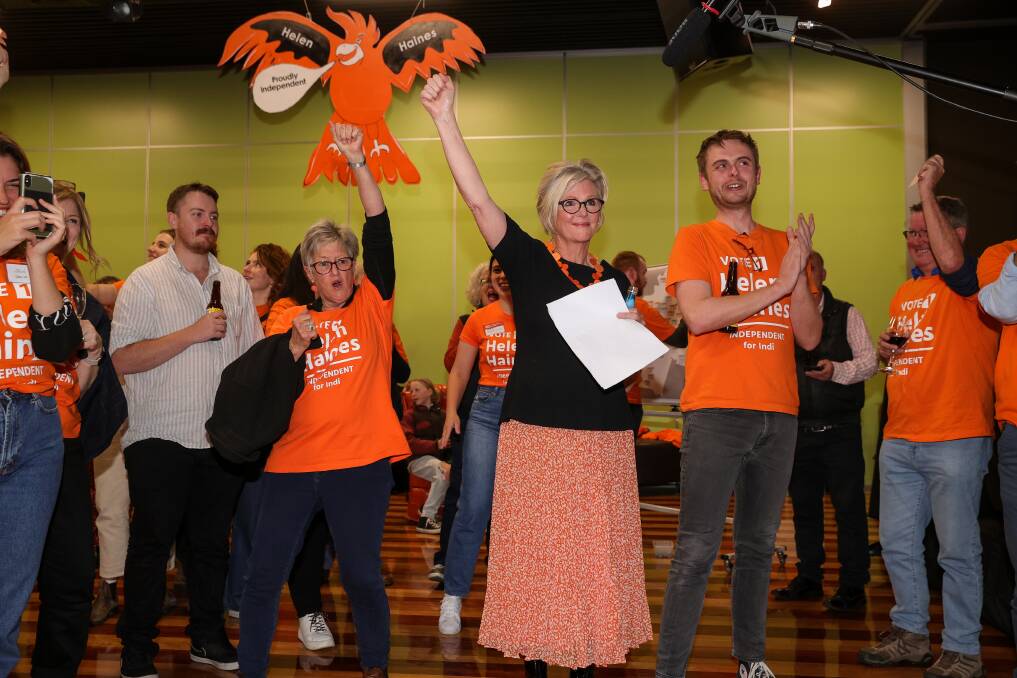 Indi MP Helen Haines celebrates after retaining the seat at the 2022 federal election. Picture by James Wiltshire