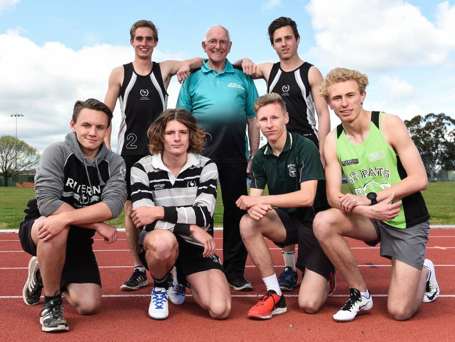 LOCAL TALENT: Declan Campion (back right) alongside coach Les O'Brien and his fellow club members at the Albury Athletics season launch last year.