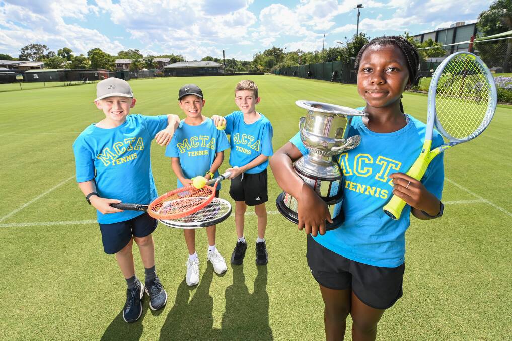 BRING IT ON: Alex Fraser, 12, Nicholas Ratcliffe, 10, Jake Meagher, 10, and Charmaine Mutape, 13, will all contest the 2022 Margaret Court Cup in Albury this week. Picture: MARK JESSER