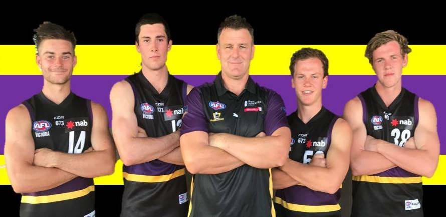 FOLLOW THE LEADERS: Jye Chalcraft (vice-captain), Lachy Ash (co-captain), Mark Brown (senior coach), Cam Wilson (co-coach) and Dylan Clarke (vice-captain) make up the Murray Bushrangers leadership group in 2019. Picture: MURRAY BUSHRANGERS