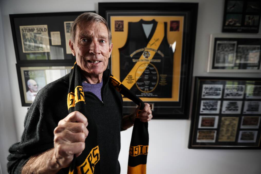 YELLOW AND BLACK: John Perry at home ahead of the Tigers' 2017 AFL premiership triumph.
