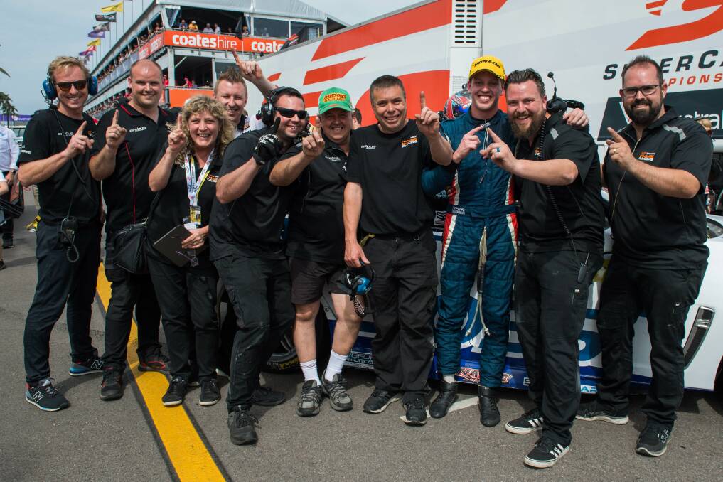 ALL IN: Boys celebrates with the Image Racing team after winning at Newcastle in Super2 last year. Picture: TIM FARRAH