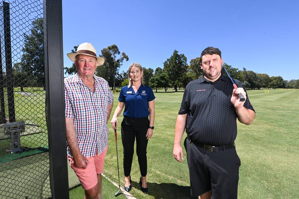 DRIVING DELIGHT: Federation Council councillor David Longley, Howlong Golf Resort operations manager Alannah Cusack and club professional Paul Steiner are excited for the new driving range to be built. Picture: MARK JESSER