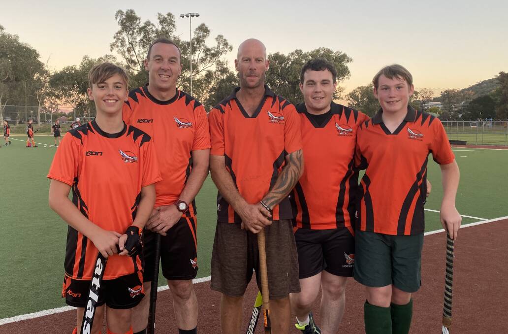 MAGIC MOMENT: Logan Russell, father Jason, uncle Mat and his sons Kane and Seth lined up for Falcons' division two men's side in the first round of the season.