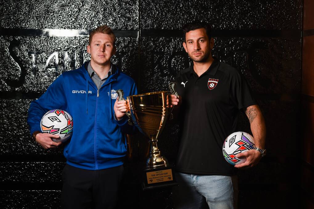 ALL OR NOTHING: Myrtleford's Jesse Stephens and Wangaratta's Andrew Barisic ahead of Sunday's AWFA cup final. Picture: MARK JESSER
