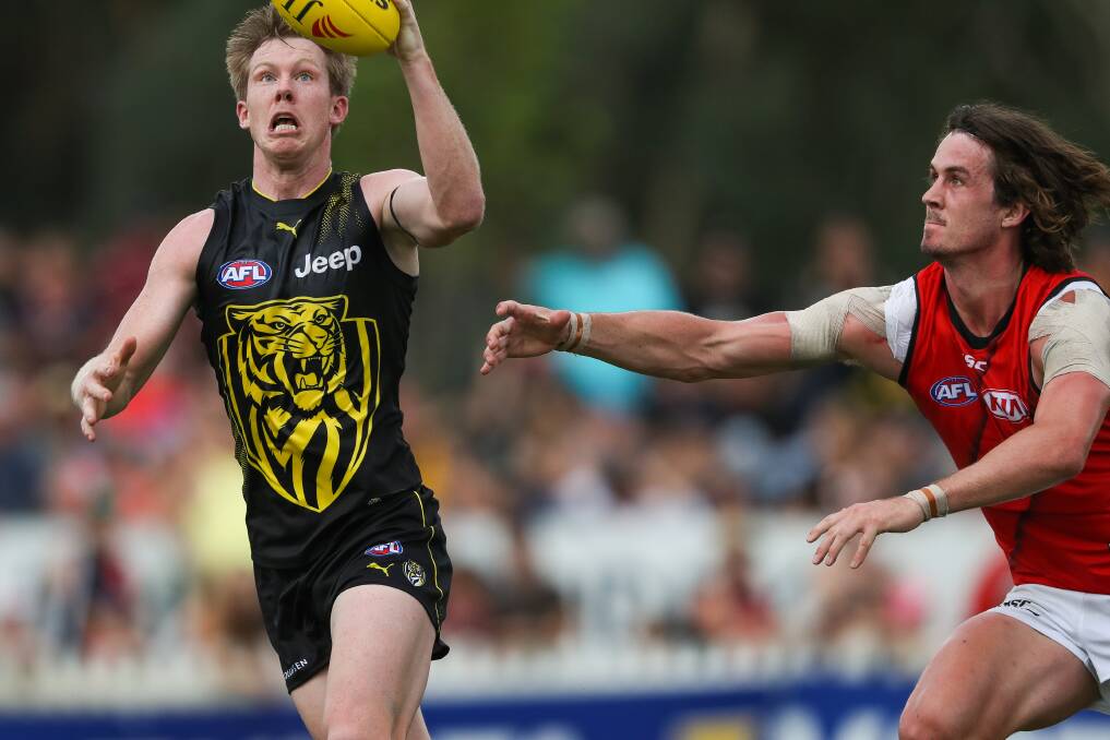 Richmond's Jack Riewoldt in action against Essendon at Wangaratta last year. The Tigers will head to the Border later in February for a community camp. Picture: MARK JESSER