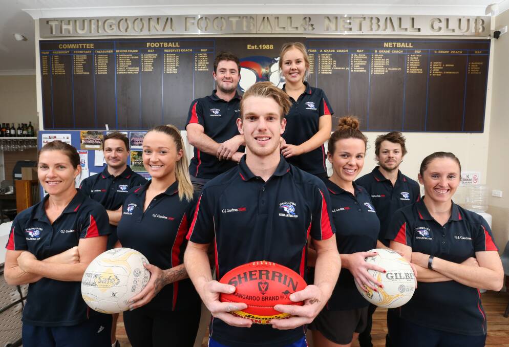 DOGS DAY: Thurgoona Football and Netball Club will celebrate its 30th anniversary at home against Barnawartha this weekend. Kristen Andrews, Lucas Mellier, Meagan Tschirpig, Darcy Moore, Luke Gerecke, Tayla Shepherd, Mardi Nicholson, Charlie Williams and Kami Kimball will all be involved. Picture: KYLIE ESLER