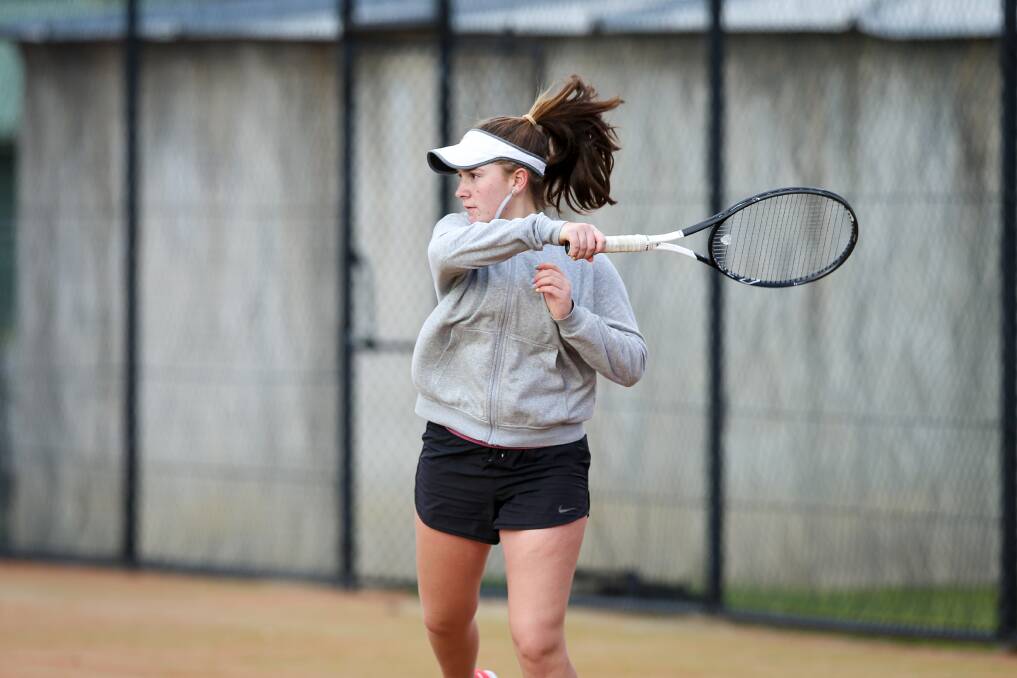 SUPER TALENT: Young gun Ella Brown fires back a huge return in Albury Tennis Association winter pennant on Saturday. Pictures: JAMES WILTSHIRE