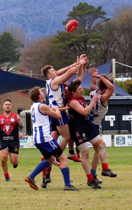 WAY UP HIGH: Steven Hoffman impacts the contest during Tumbarumba's massive win against Corryong on Saturday. He finished with four goals. 
