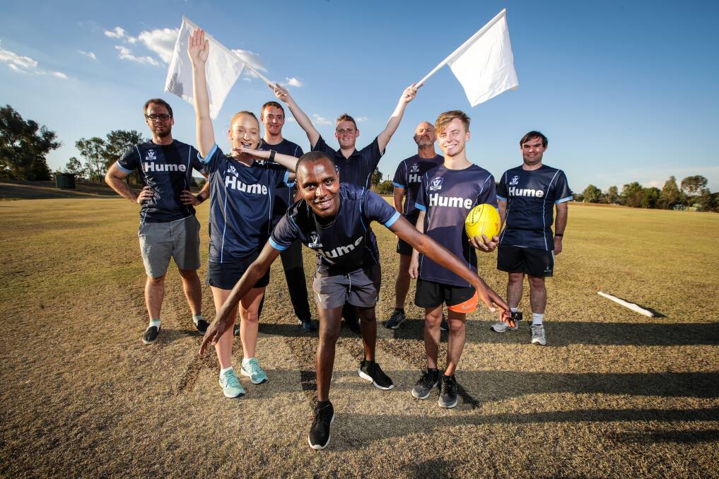 HOLDING THE BALL: Gemma Thorneycroft, Masange Runezerwa and Matthew Hughes highlight the diverse background of umpires currently on board with AFL North East Border. Picture: JAMES WILTSHIRE
