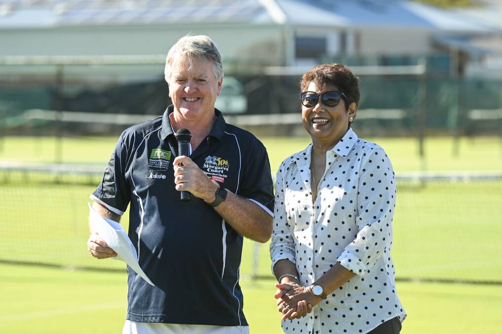 ALL SMILES: Margaret Court Cup tournament director Phil Shanahan and Nill Kyrgios have a chuckle during Thurday's opening ceremony at the Albury grasscourts.