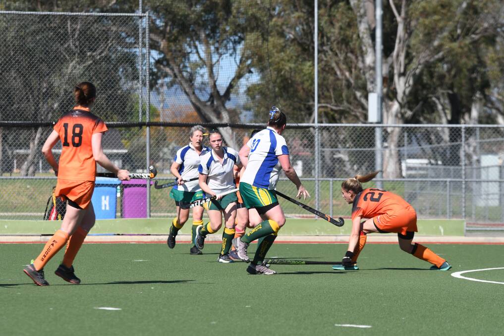 Falcons' Kate Bardy stops a Norths-Wombats attack into the circle. Picture supplied