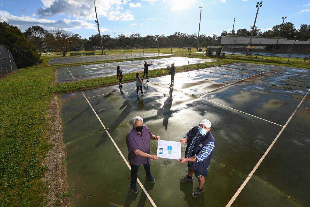 GAME, SET, MATCH: Wahgunyah Recreation Reserve president Ray Milne and secretary Wes Canny are thrilled the facility will receive a $1 million upgrade. Picture: MARK JESSER