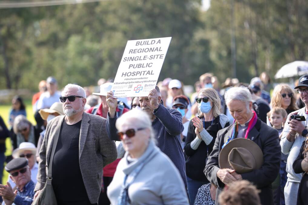 Hundreds of Border residents gathered at Gateway Lakes in May for a health rally calling for a commitment from state and federal governments to fund a new single site hospital for Albury-Wodonga. Picture by James Wiltshire