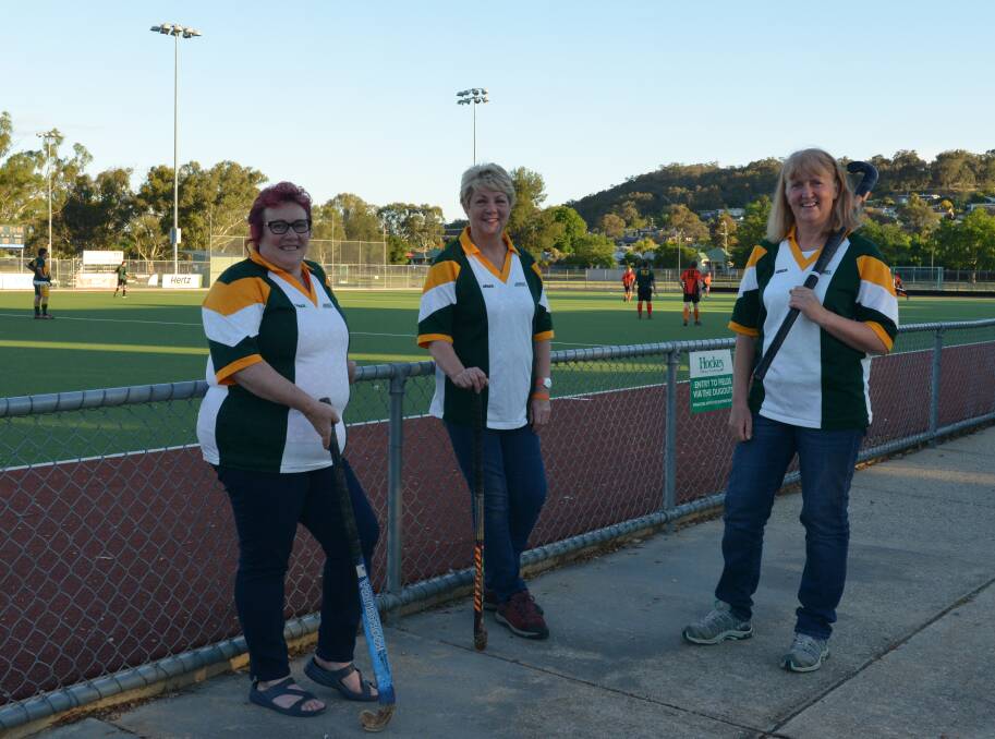 HAVING A BALL: Joanne Duffy, Janne Maggs and Cayte Campbell hope to see plenty of new faces at the Albury Hockey Centre on Monday. Picture: NARELLE HAMILTON