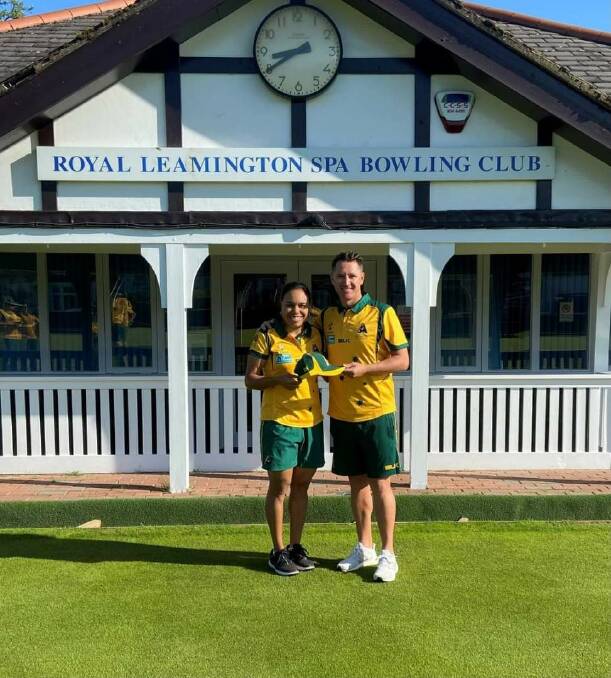 GREEN AND GOLD: Wodonga bowler Kylie Whitehead receives her Australian cap from Barrie Lester. Picture: BOWLS AUSTRALIA