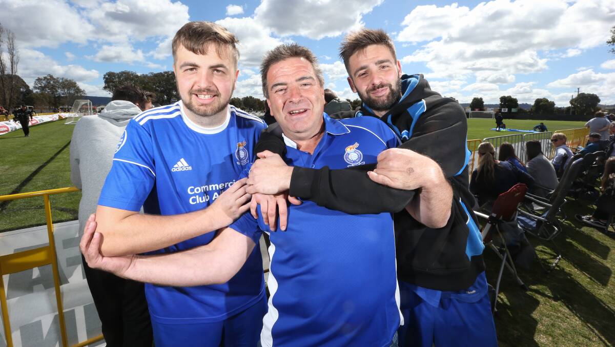 BACK TOGETHER: Daniel, Gary and Matt Kelly were reunited at Sunday's AWFA reserve men's grand final between Albury City and Wodonga Diamonds. Picture: KYLIE ESLER