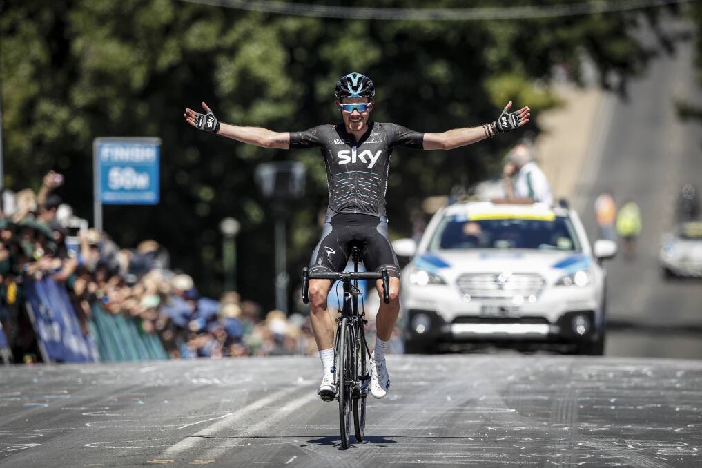 STAGE WINNER: Team Sky's Luke Rowe crosses the finish line at Beechworth. Pictures: JAMES WILTSHIRE