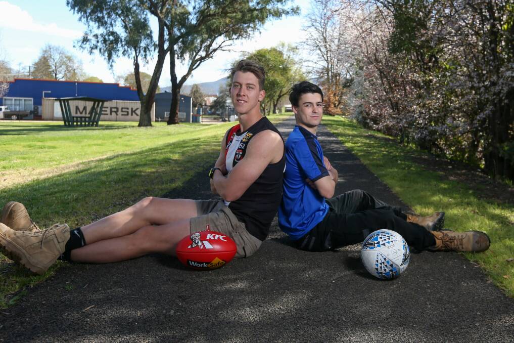 BOUND FOR GLORY: Myrtleford Saint Will Quirk and Myrtleford Savoy defender Vinnie Paglia are chasing success in their respective football codes on Sunday. Picture: TARA TREWHELLA