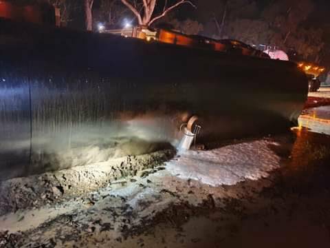 DAIRY DISASTER: A truck carrying almost 50,000 litres of milk crashed outside Corowa on Friday night and lost a quarter of its load. Picture: STEWART ALEXANDER