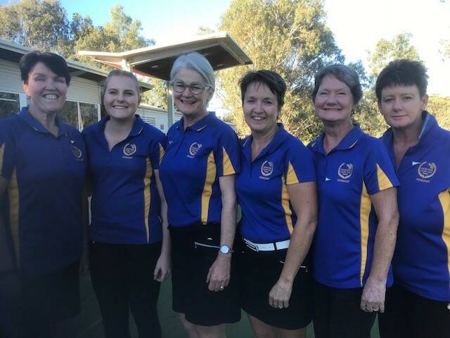 HAPPY CAMPERS: Donna Anstee, Maddie Peters, Wendy Phillips, Jenny Garner, Susan Mitchell and Natasha Guy celebrate Thurgoona's division one ladies pennant win.