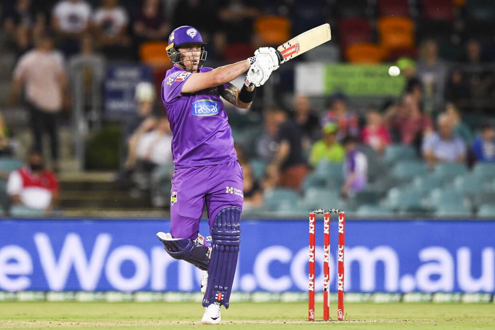 NICELY STRUCK: A six hit by Hobart Hurricanes star Ben McDermott against Brisbane Heat was one of 11 on the night which helped contribute $5500 to Finley Cricket Club. Picture: AAP