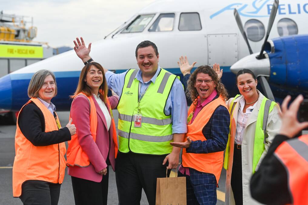 FlyPelican chief executive Henry Murcott is greeted by Albury councillors Alice Glachan, mayor Kylie King, deputy mayor Steve Bowen and Jess Kellahan. Picture by Mark Jesser