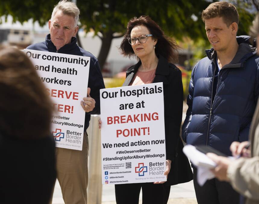 Better Border Health spokesperson, pictured with former Albury mayor Kevin Mack and GP Lachlan McKeeman, has welcomed Albury Council's call for more state and federal government investment for a Border hospital. File picture